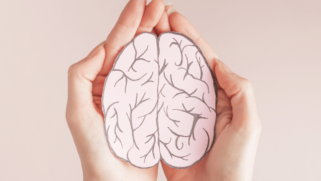 A flat cardboard cutout of a human brain cupped by two hands, meant to symbolize mental health.