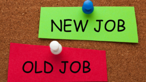 picture of the words "new job" and "old job" thumbtacked on a board.