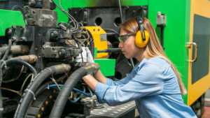 This shows a female mechanical engineer fixing a large machine while wearing ear protection. 