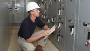  Factory engineer checking electrical units